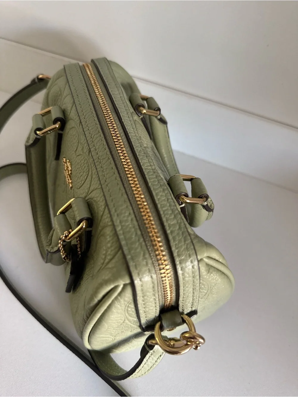 Coach Signature Mini Rowan Embossed Leather Satchel in Light Green